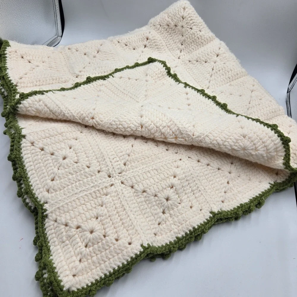 Vintage Cottagecore Granny Crochet Blanket Throw 69x36 Cream W Green Handmade